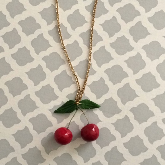 Cherry necklace, gold tone long chain, handmade - Picture 4 of 5